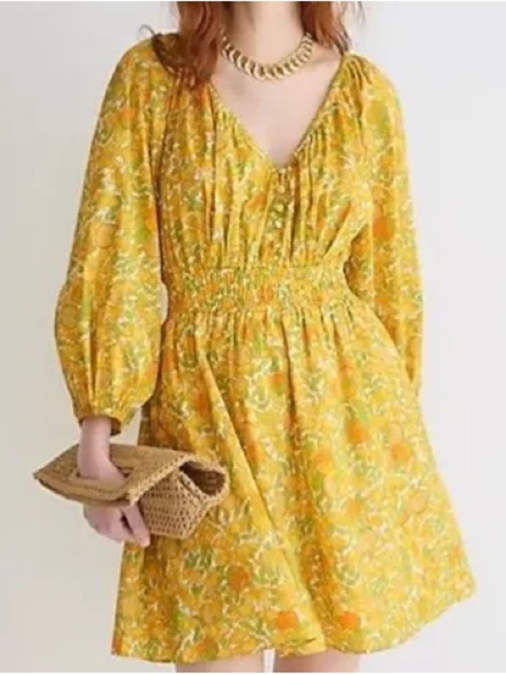 J. Crew Yellow Floral Smocked Waist Mini Dress